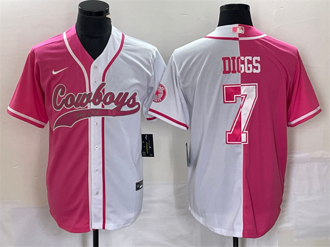 Men's Dallas Cowboys #7 Trevon Diggs Pink/White Split Cool Base Stitched Baseball Jersey Men's Dallas Cowboys #7 Trevon Diggs Pink/White Split Cool Base Stitched Baseball Jersey